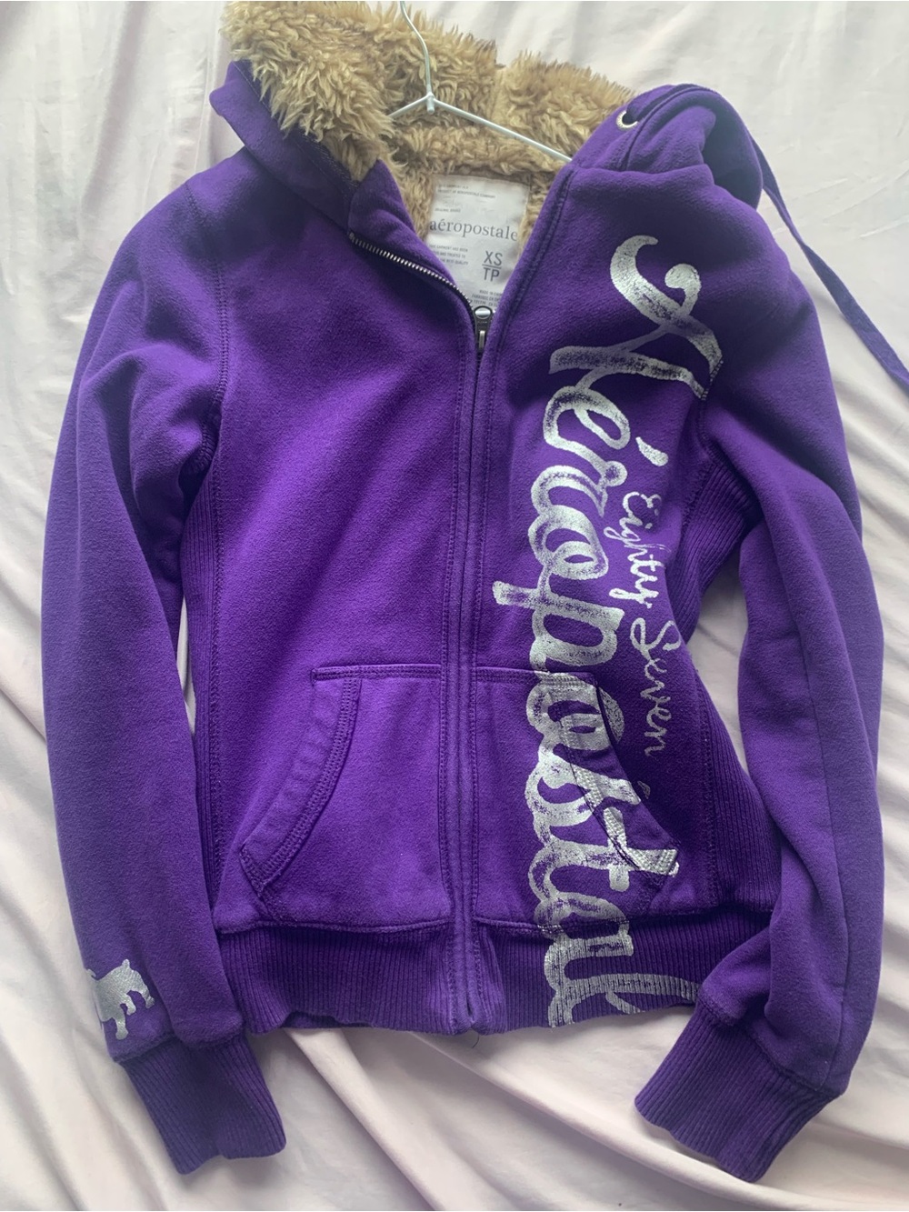 Aeropostale Girls' Purple Faux-Fur Hooded Zip Puffer Jacket